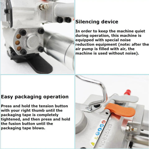 Heavy Duty Handheld Pneumatic Strapper For Pet Strap And Pp Band Portable Packing Tool showing silencing device features and operation controls.