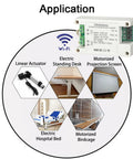 White WiFi DC motor controller module with green screw terminals; forward/reverse relay for actuators.