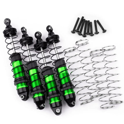 Aluminum Front And Rear RC Shock Absorber Set For Losi 1 18 Mini LMT 4x4 Brushed Monster Truck RTR Upgrade Parts With Beefed Up Damping And Telescopic Travel, showing four green shocks, springs, and screws.
