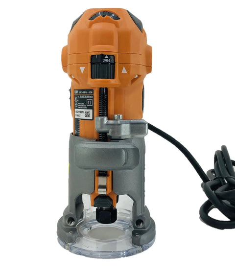 Front view of 5.5 Amp Corded Compact Power Trim Router With Micro Adjust Dial R24012 Renewed LED Light Quick Release Lever