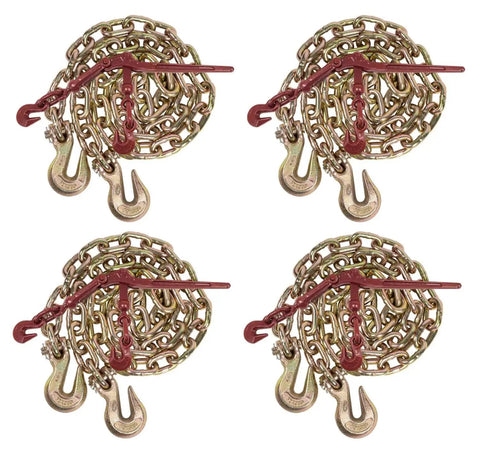Heavy-Duty Grade 70 Transport Chain And Binder Kit With Four Three-Eighths Inch By Twenty-Foot Chains And Four Lever-Style Binders With Grab Hooks For Truck And Flatbed Tie-Downs, 6,600 Lbs Working Load Per Chain And 9,200 Lbs For Binders