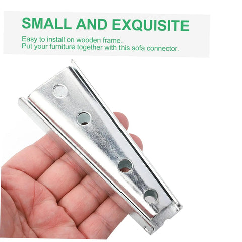 Heavy Duty Iron Sofa Connectors showing a silver metal bracket held in hand for sectional furniture installation.