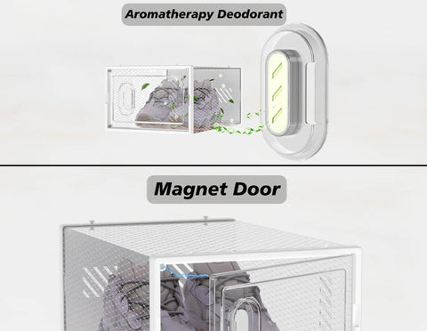 Aromatherapy Deodorant feature with Stackable Clear Shoe Storage Boxes. Durable plastic organizer for fresh footwear.