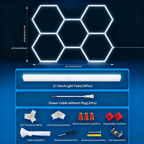 LED Hexagon Garage Light 156W 18720LM 6500K Daylight White with 24 tubes, connectors, and tools for workshop ceiling install.