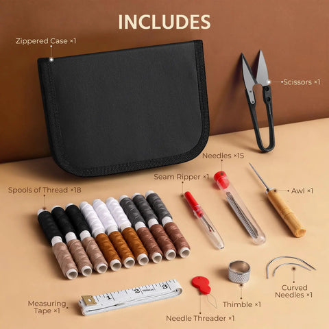Leather Sewing Kit 43 Piece All In One Set With Needle And Thread Sewing Awl Upholstery Repair Tools Heavy Duty For Car Seats
