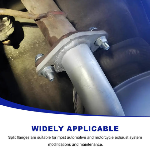 Heavy Duty Carbon Steel Exhaust Split Flange Repair Kit 2 Inch Rustproof Oval Connector Set With Bolts shown installed on exhaust pipe.