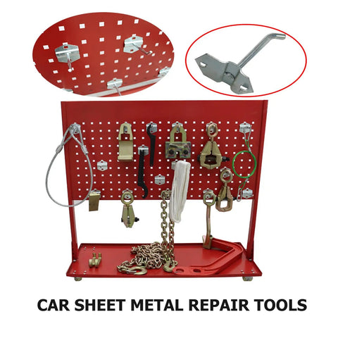 Car sheet metal repair tools on red pegboard, compatible with Pro Grade Auto Frame Machine With 98 kN Pulling Power And 4400 Lb Capacity