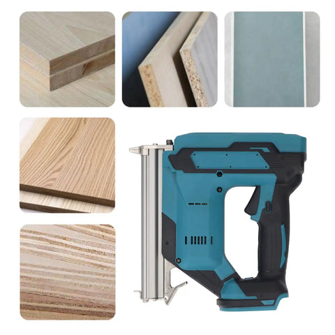 Lightweight Cordless Brad Nailer With Rechargeable 8V Battery For Smooth Trim Work And Furniture Assembly beside wood samples.