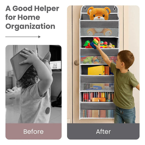 Crush Your Household Grind With This Solid Over The Door Organizer Sporting Four Heavy Duty Shelves And Four Deep Side Pockets Crafted For Flexible Hanging Storage Featuring Reinforced Hooks That Hold Forty Four Pounds Like A Boss, showcasing child accessing toys.