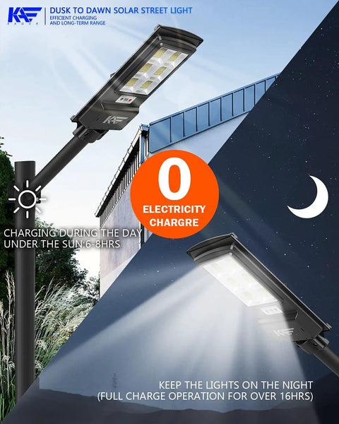 Solar Street Lights With Remote Control, 6500K Daylight White, 300000LM 1000W, IP65 Waterproof Dusk To Dawn Security Flood Lights displayed day and night