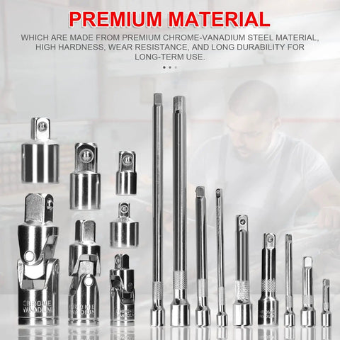 Ultimate 16 Pc Socket Accessory Kit With Extension Bars Universal Swivel Joints And Drive Reducers Ideal For Automotive Garage DIY Maintenance Tools chrome vanadium steel