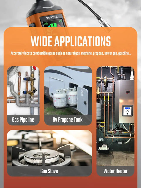 Gas Leak Detector With 17 Inch Gooseneck Probe That Sniffs Out Methane Propane And Other Combustible Gas Leaks In Tight Spaces For Home And RV Fast Warmup Includes 3 Batteries Green in use on various gas appliances like gas pipeline, RV propane tank, gas stove, and water heater.