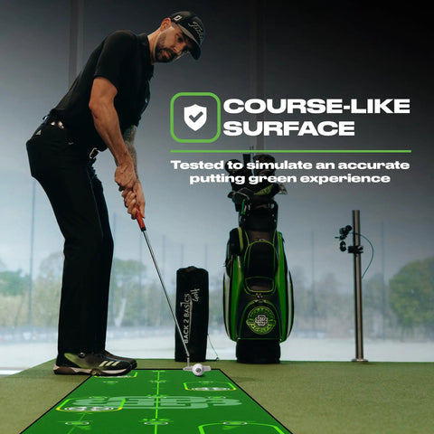 Man using Ten Foot Green Golf Putting Mat With Realistic Surface For Indoor And Outdoor Training Boost Distance Control And Accuracy