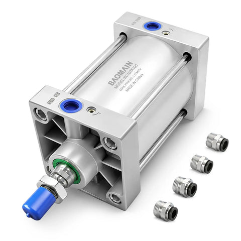 Pneumatic Air Cylinder With 3.94 Inch Bore And 3.94 Inch Stroke, SC 100x100, Heavy Duty Double Acting Single Rod, PT 1/2 Port, M20x1.5 Threaded Rod, Includes Four Push-In Fittings For Easy Mounting
