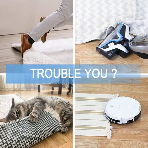 Image showing a collage with slipping hazard, vacuum over rug, cat pulling carpet, and robotics on rug. Text 'Trouble You?' displayed.