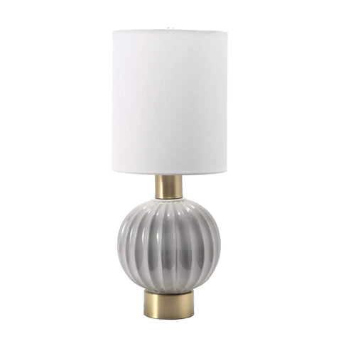 Gray Ceramic Table Lamp With Fabric Shade For End Tables And Living Rooms 25 Inch Tall On Off Switch Modern Nightstand Light With Cozy Ambient Glow For Bedroom Or Entryway Perfect For Living Rooms And Bedrooms, showcasing ribbed base design.