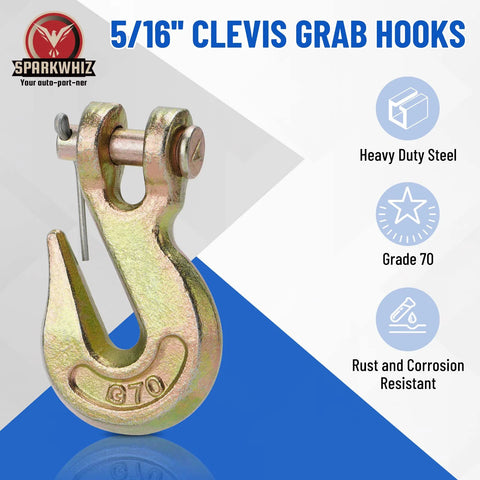 SPARKWHIZ 5/16 in clevis grab hook, forged steel, Grade 70, 5400 lbs WLL, front view, pack of 10