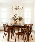 Distressed Candle Chandelier Vintage Style Light Fixture 28 Inch Wide Rustic White Ceiling Mount in cozy dining room setting.
