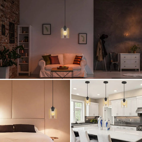 Industrial Pendant Light With Clear Glass Shade In Matte Black For Kitchen Island Living Room Hallway Bedroom Dining Bar Modern Farmhouse Ceiling Hanging Lamp illuminating living and kitchen areas.