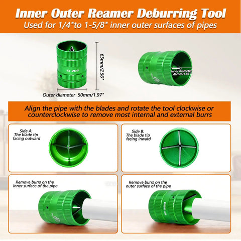 All In One Pipe Deburring And Depth Gauge Kit For Home Or Pro Jobs One Quarter To One Inch Depth Measurement Inner And Outer Reamer Chamfer Tool DIY Friendly diagram with dimensions and usage instructions for copper, PVC, CPVC, PPR, brass, aluminum tubing. Green tool with ergonomic grip for breezy burr removal.