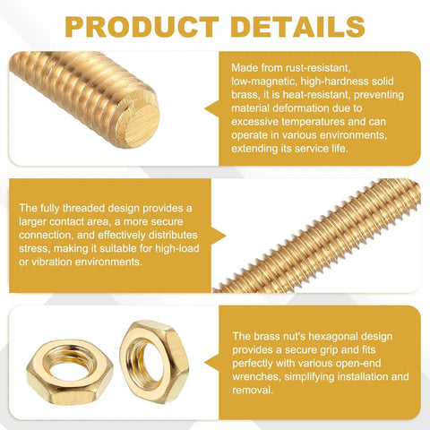 Top Shelf Solid Brass Threaded Rods With Hex Nuts, M2 X 0.4mm Pitch Straight Four Inch Studs close-up of brass rod and nut, detailing threaded design.