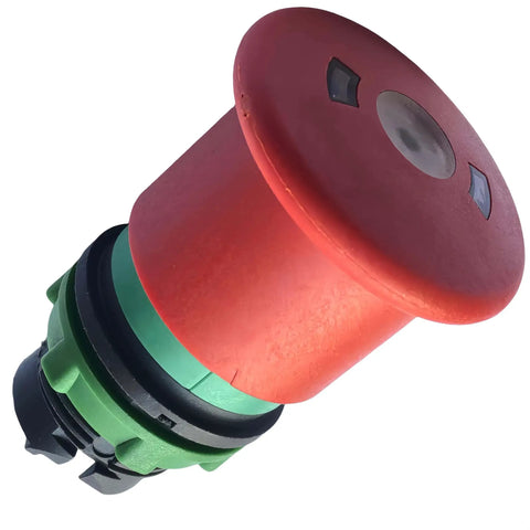 Straight Up Badass Aftermarket Emergency Stop Button For Heavy Duty Scissor Lifts And Rough Terrain Gear Sweet Safety Swap Part 147051, red and green e-stop button.