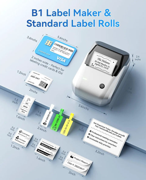Wireless Bluetooth Label Printer For Home Organization 2 Inch Compact Sticker Maker App Connected Seamless Sync For Smartphone Or Laptop Silver Build displaying labels and credit cards.