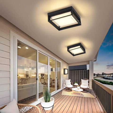 Square Flush Mount Outdoor LED Ceiling Light Fixture 9 Inch 120V 24W 3000K Black Waterproof For Wet Areas Porch Patio Coastal Ready Rust Resistant Aluminum And PC Shade installed on patio ceiling