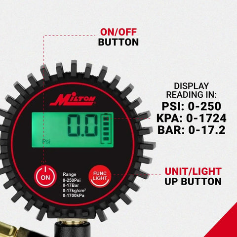 Digital Tire Inflator With Gauge 14 Inch Rubber Hose 250 PSI 3 In 1 Inflate Deflate And Measure Brass Lock On Chuck