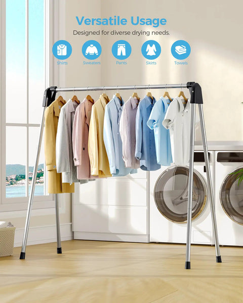 Foldable Clothes Drying Rack Portable Laundry Stand Sturdy Hanging Bars Compact Airer For Apartments Dorm Rooms Closets Quick Dry Setup showing shirts and sweaters hanging.