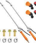 All Metal Sprayer Wand Set With Three Nozzle Types Including Fan Mist And Stream, Stainless Steel Sprayer Wand With Brass Barb Fittings One Quarter Inch And Three Eighth Inch, Includes Two Hose Clamps For Built To Last Slip Resistant Performance, showing two wands, brass fittings, and clamps