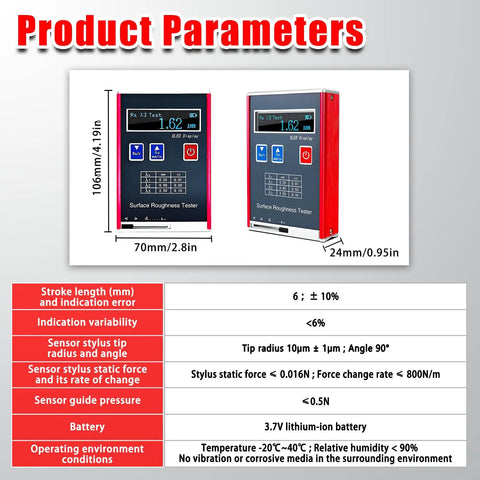Roughness Meter Surftest Pro-Grade With 0.01μm Precision, dimensions 106mm x 70mm x 24mm, product specifications display
