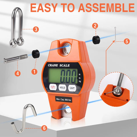 Heavy Duty 660Lb Digital Crane Scale Rock Solid Handheld Hanging Weight Meter showing assembly parts and LCD display.