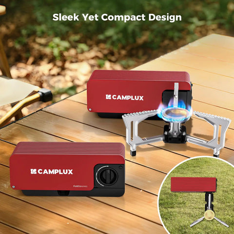 FoldGo Portable Butane Camping Stove With 7500 BTU Output shown folded and unfolded on wooden table and grass