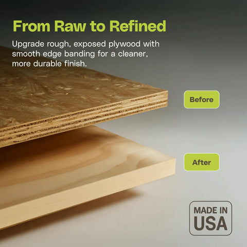 Comparison of raw plywood and smooth finish with Maple No-Fuss Pre-Finished Edge Banding Roll Three Quarter Inch By Fifty Feet.