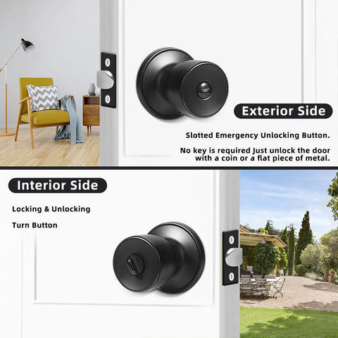 10 Pack Matte Black Privacy Door Knob Set With Keyless Round Locks, interior and exterior views showing emergency unlock and turn button features.