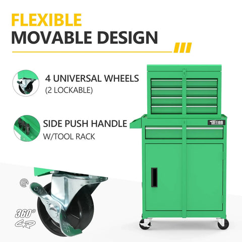 Heavy Duty Rolling Tool Chest With Lockable Swivel Wheels And Easy Pop Off Detachable Top Featuring Five Knockout Drawers Plus Adjustable Shelf For Your Badass Garage Or Professional Workshop Setup on four wheels and side handle.