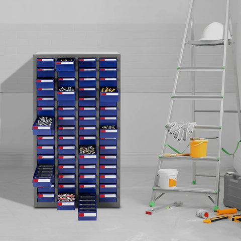 Rock Solid Heavy Duty Metal Parts Organizer Cabinet With Sixty Spacious Drawers in workshop, showing organized hardware.