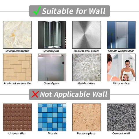 Comparison chart showing suitable and unsuitable wall surfaces for Stick On Shower Head Mount With Adjustable Swivel For RV And Bathroom Easy Install Self Adhesive Strong Grip Universal ABS Chrome Bracket Handheld Wand Holder.