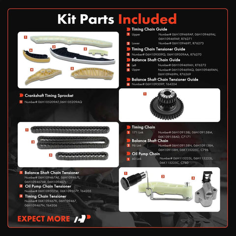 Engine Timing Chain Kit With Tensioner Guide For DOHC 2.0L EA888 Engines components layout