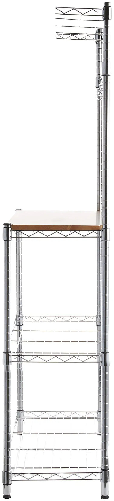 Built Like A Tank Three Tier Baker Rack With Heavy Duty Chrome Steel And Smooth Wood Shelves to store kitchen essentials, profile view.