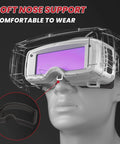 Auto Darkening Welding Goggles With True Color Vision Adjustable Shade displayed on transparent head with soft nose support.