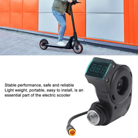 Rugged Waterproof ABS Handlebar Switch Lock For Electric Scooters with digital power display, black ABS body shown next to scooter.