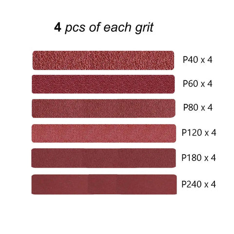 Three Eighths By Thirteen Inch Aluminum Oxide Sanding Belts Twenty Four Pack With Four Belts Each Of Assorted Grits 40 60 80 120 180 240 For Air Belt Sander Heavy Duty Open Coat Polyester Backing Long Lasting Sanding Performance showing six grits