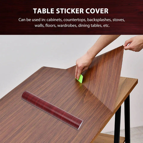 Brown Wood Grain Peel And Stick Wallpaper For Furniture Makeover Self Adhesive Cabinet Cover being applied on a wooden table.