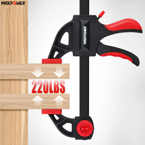 Heavy Duty Woodworking Bar Clamp Set, 12 Inch Two Pack And 6 Inch Two Pack, One Hand Quick Release Clamps securing wood pieces