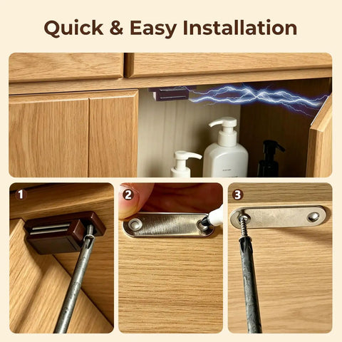 Heavy Duty 12 Pack Brown Cabinet Magnetic Latch Door Catch For Cupboards Drawers Shutters Keeps Doors Dead Set Shut With Zero Hassle Mount And Slick Closing Action installation steps on wooden cabinet.