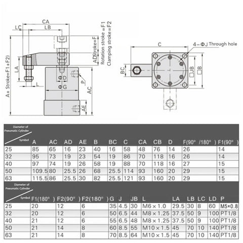 Technical diagram and specifications for Rotary Air Pneumatic Cylinder With 90 Degree Angle For Compound Action, ACK25-90R.