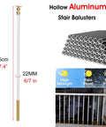 White Aluminum Railing Posts 37.4 Inch Deck Spindles 100 Pack With Adjustable Connectors And Shoe Base showing hollow stair balusters.