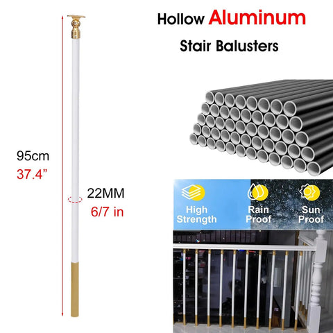 White Aluminum Railing Posts 37.4 Inch Deck Spindles 100 Pack With Adjustable Connectors And Shoe Base showing hollow stair balusters.